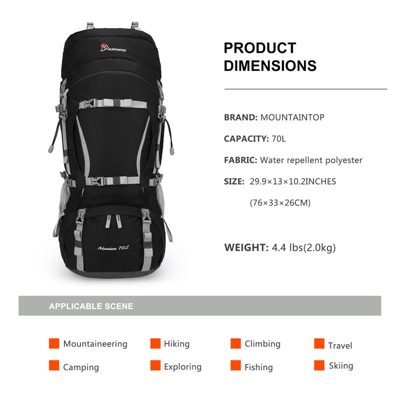 MOUNTAINTOP 70L Internal Frame Backpack Camping Backpacking Hiking Backpack for Men Women with Rain Cover,Black - Image 2